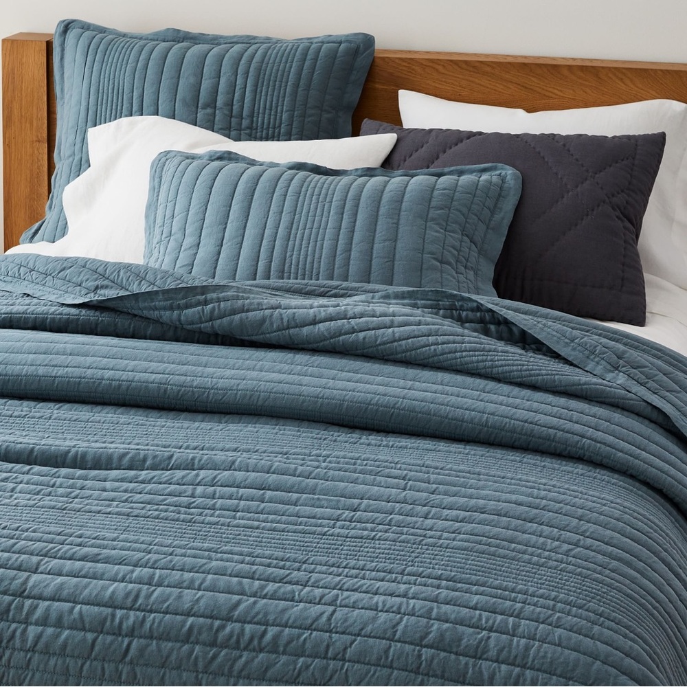 European Flax Linen Linework Euro Shams in Ocean | Set of 2
